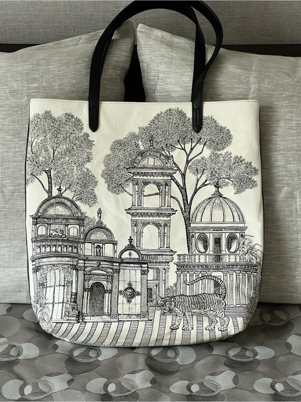 White & Black Illustrated Canvas Tote Bag with Black Handles
